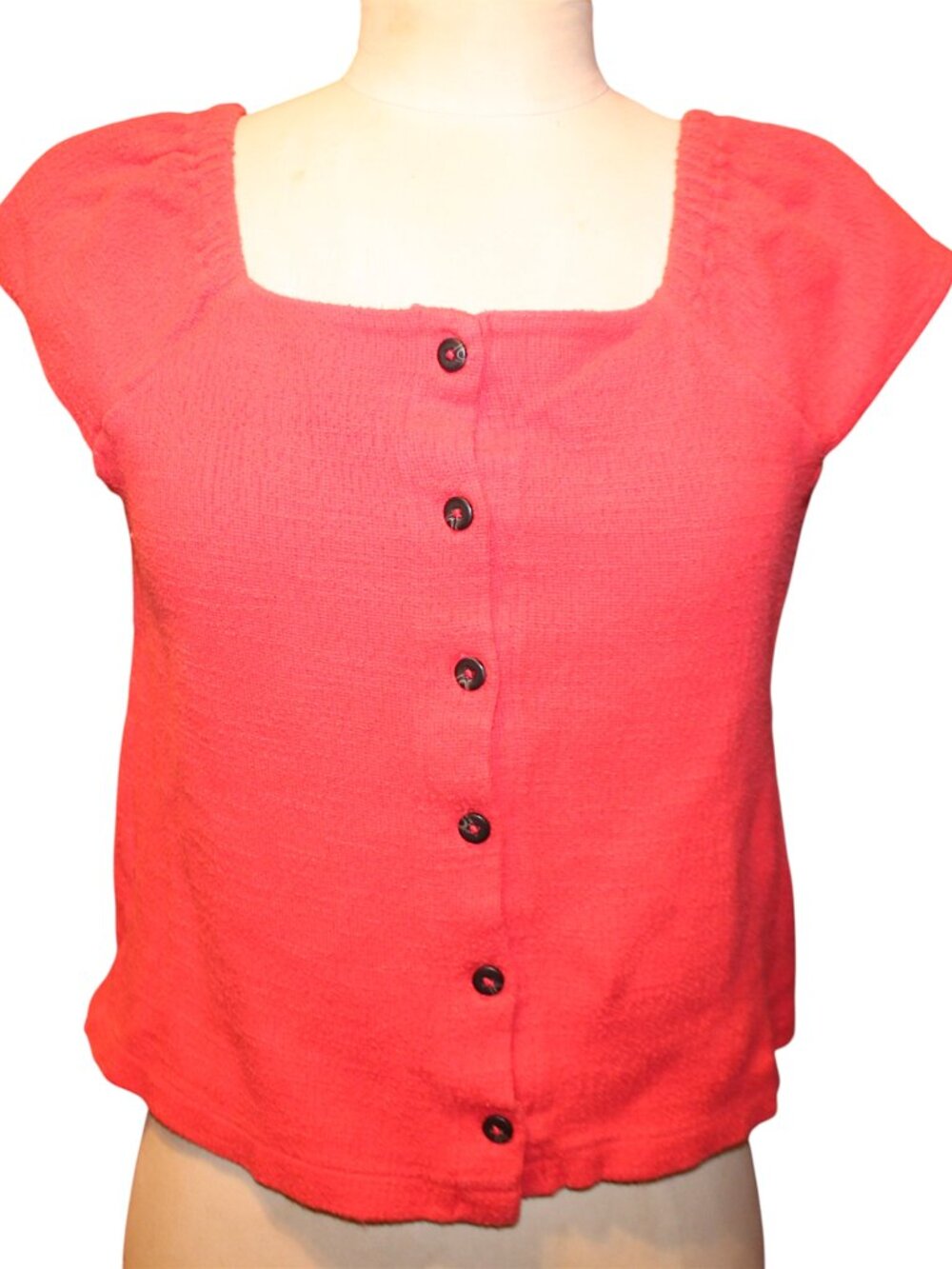 Madewell Texture & Thread Button Front Top Medium Coral Red Square Neck L8989